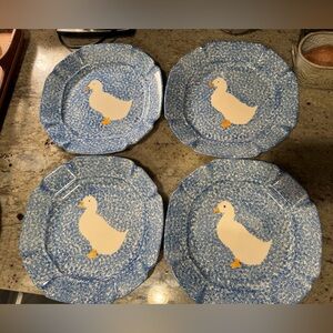 Blue French Country Goose Pattern Dinner Plates - set of 4